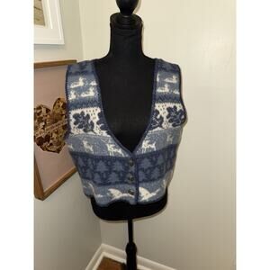 REI Vintage Sweater Vest Deer Goose Oak Leaf Blue Knit Size Large Wool